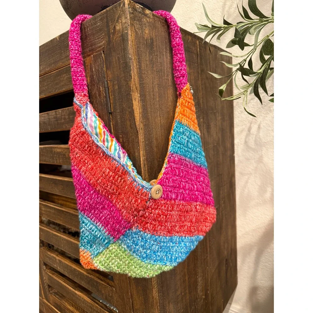 Crochet Striped Shoulder Bag Colorful Handmade Hippie Boho Beach‎ Purse
